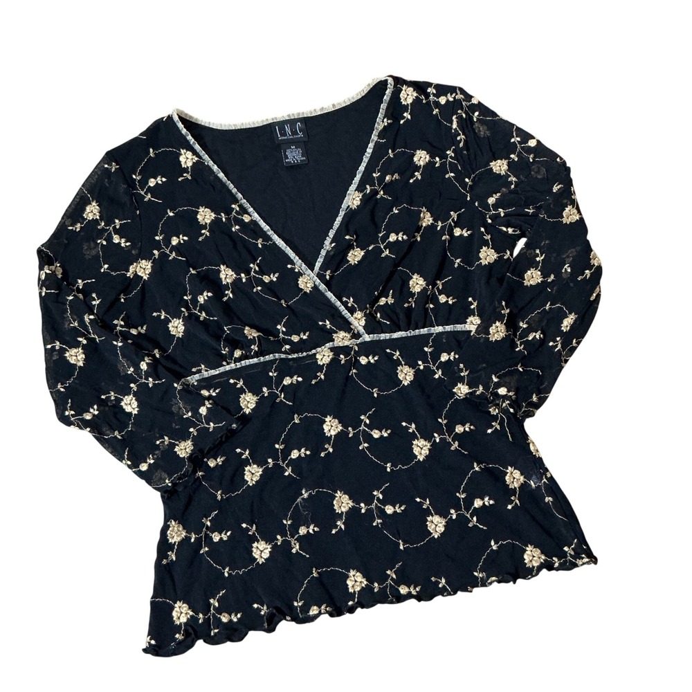 Y2K INC‎  Coquette Dark Floral Embroidered Mesh Top V-Neck M Cottagecore